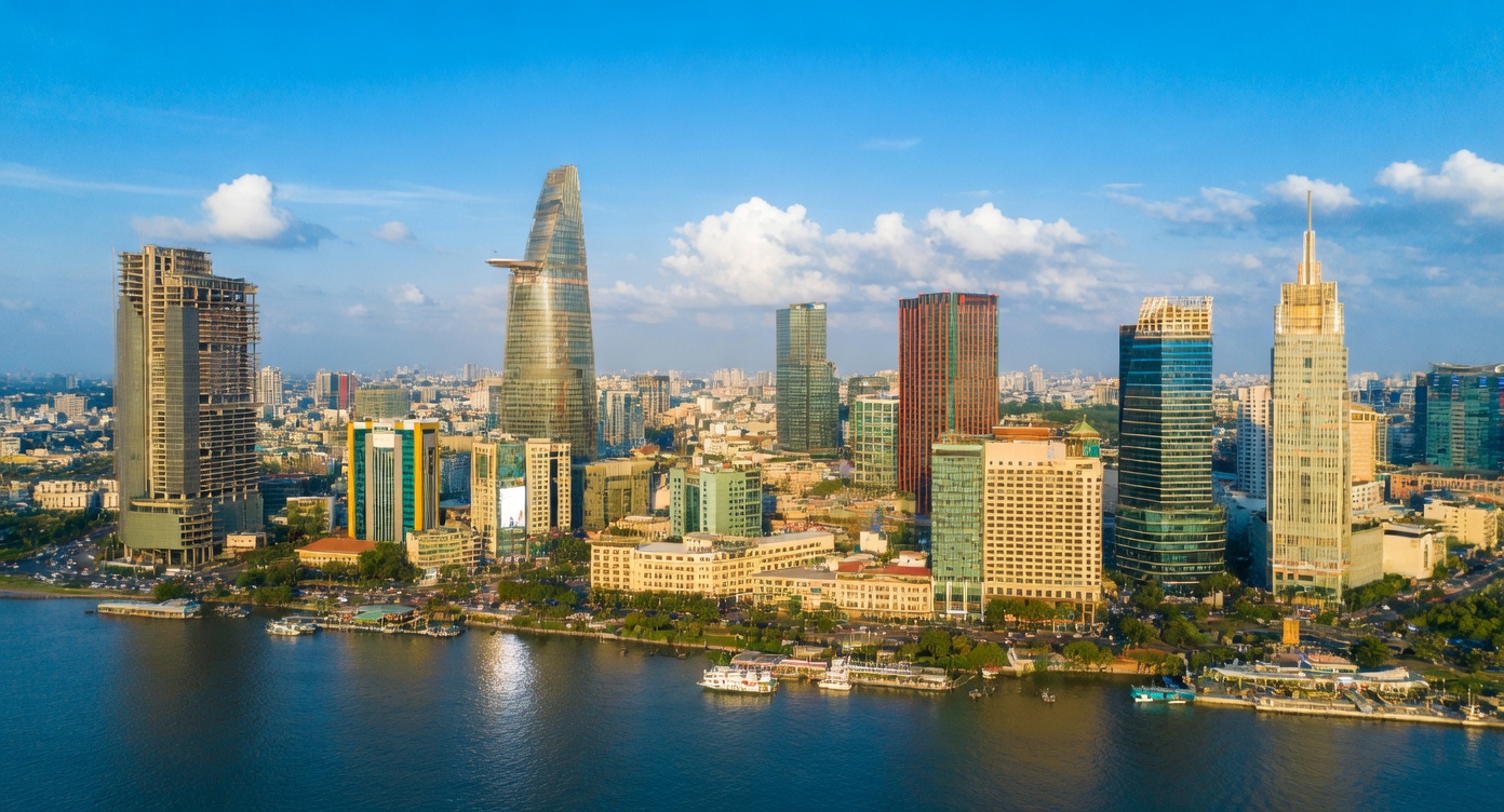 Ho Chi Minh City skyline and Saigon River at dusk